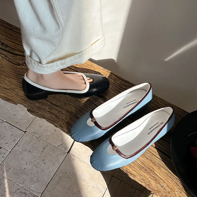 

Arden Furtado 2025 Spring cowhide Mixed Colors Mary Jane shoes round toe Middle heel large size Hollow Single shoe large size