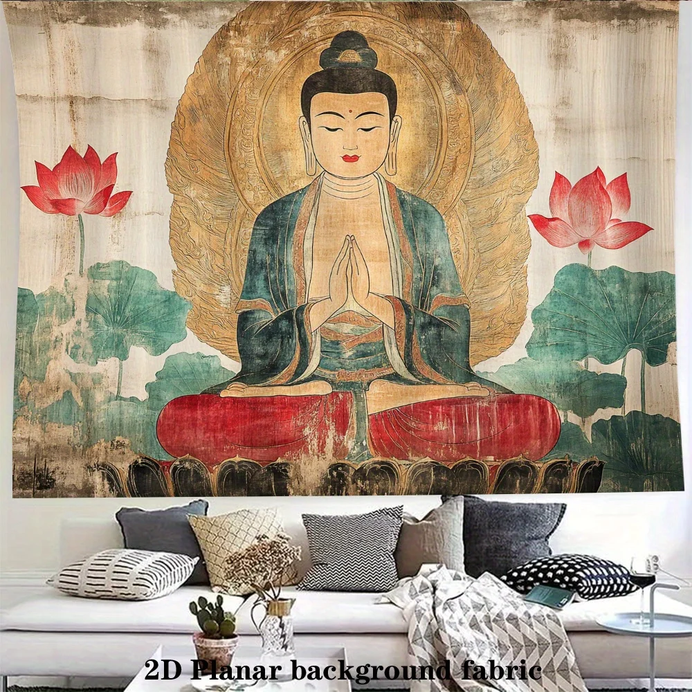 VIKAMA Vintage Zen Buddha Tapestry Dunhuang Style Lotus Meditation Wall Hanging for Tea Room Living Room Yoga Studio Decor