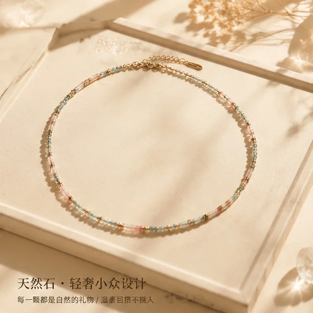 New natural green dot agate watermelon crystal handmade beaded necklace original niche design collarbone chain women