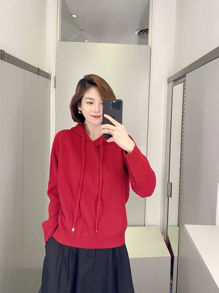 

Red Knitted Woolen Sweater with Hood Casual Loose Fit Long Sve Youth Faionable Inner And Outer Wear Slimming And Whitening