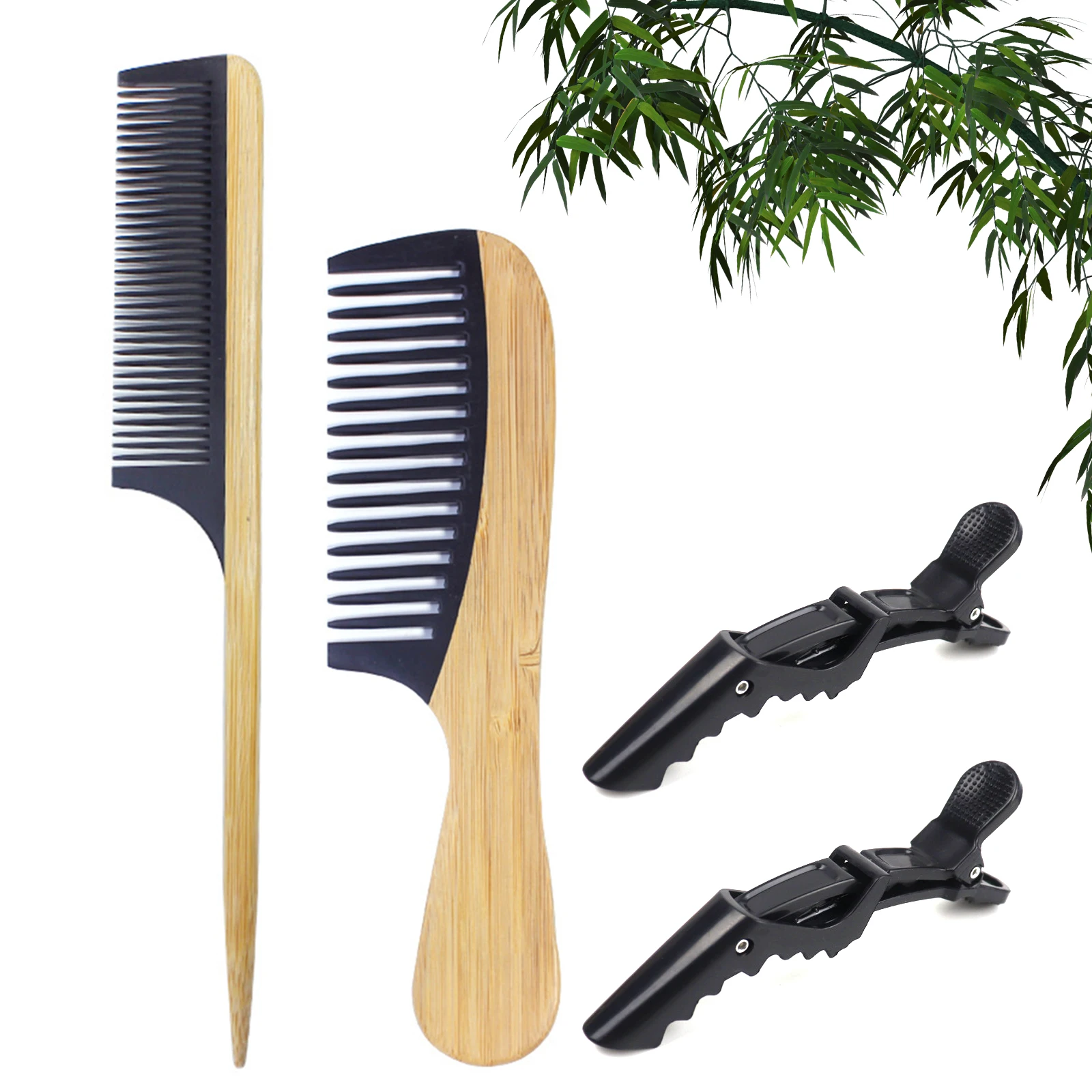 Pure Natural Bamboo Hair Combs Set Wooden Wide Tooth Combs Rat Tail Comb Crocodile Hair Clips For Women Wet Or Dry Hair Styling