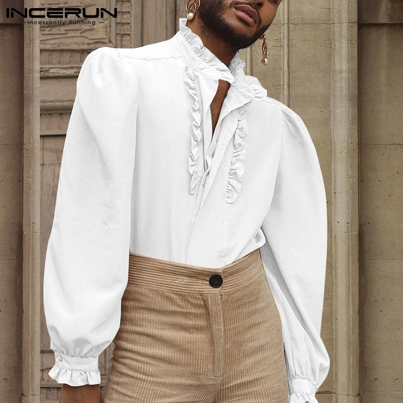 INCERUN 2023 Fashion Men Shirt Stand Collar Solid Color Ruffle Long Sleeve Casual Men Clothing Streetwear Elegant Camisas S-5XL