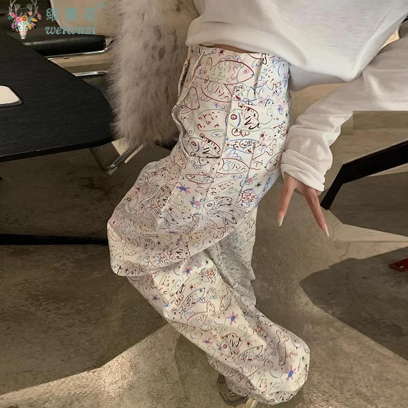 Cute Women's Jeans Cartoon Graffiti Fish Print Wide Leg Denim Pants Lady Casual High Waist Pants Loose Straight Jeans All Season