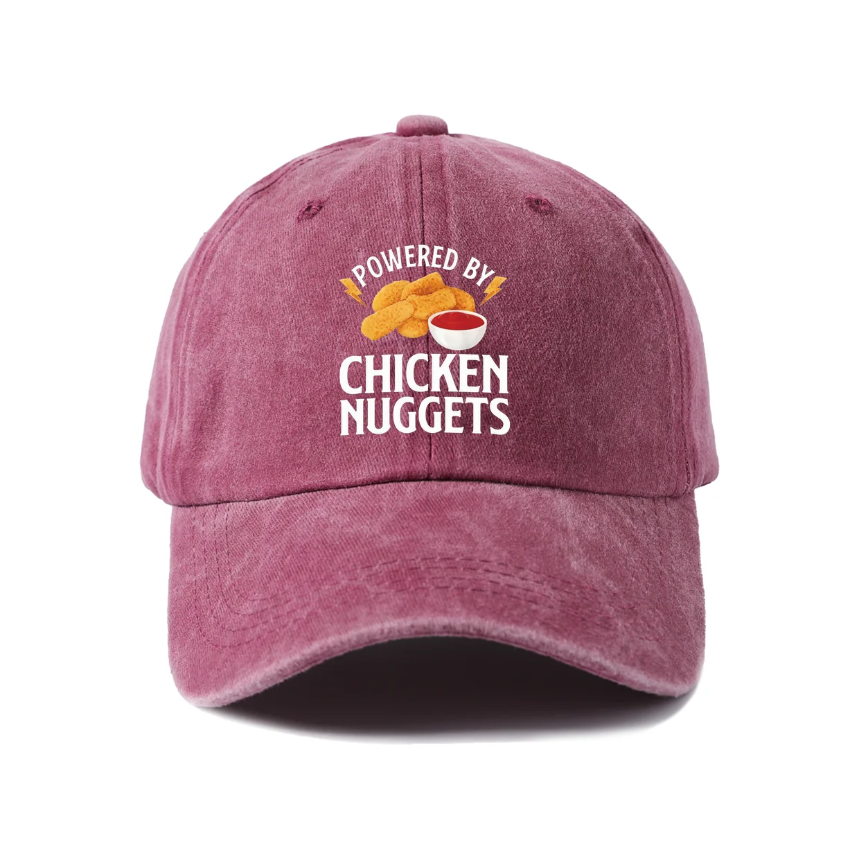 Powered By Chicken Nuggets Graphic Vintage Washed Baseball Cap, Adjustable Unisex Dad Hat, Casual Gift