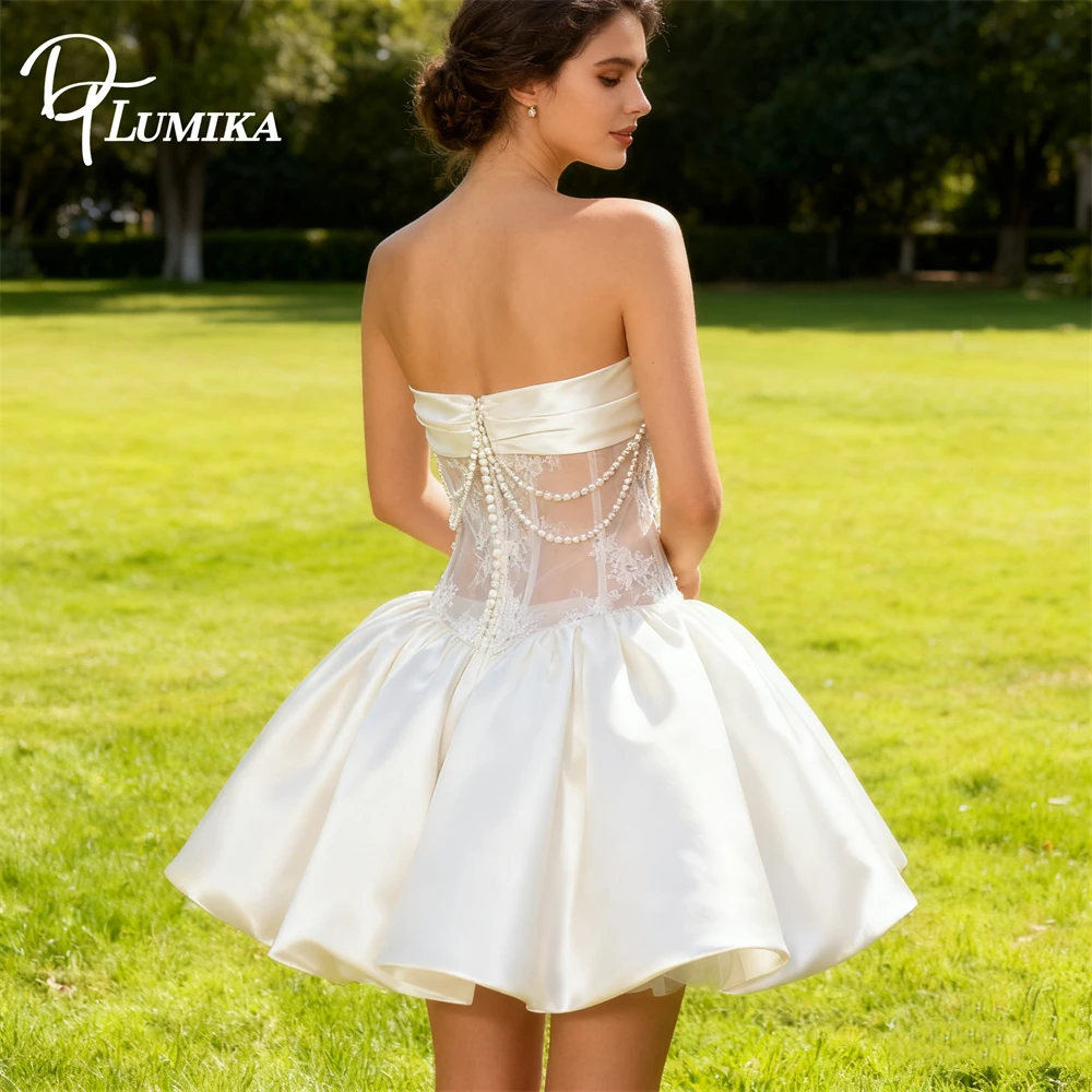 DTLumika Sweet Illusion Short Reception Wedding Dress for Women, Stain Mini Bride Dresses Pearls Chain Lace Bridal Gown Wedding