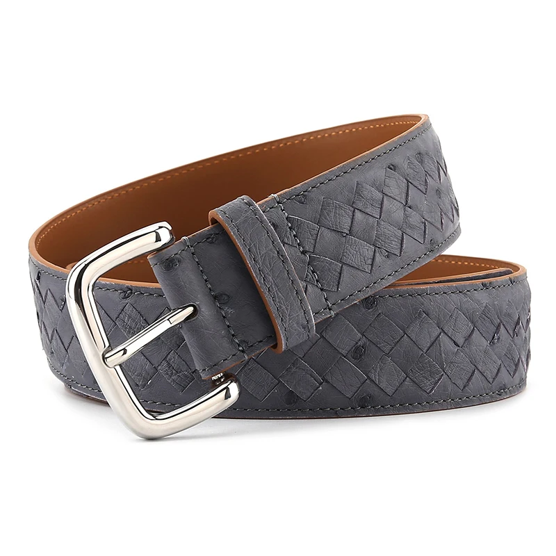 Ostrich leather woven belt for men's versatile middle-aged and young cowhide new needle buckle custom pants belt