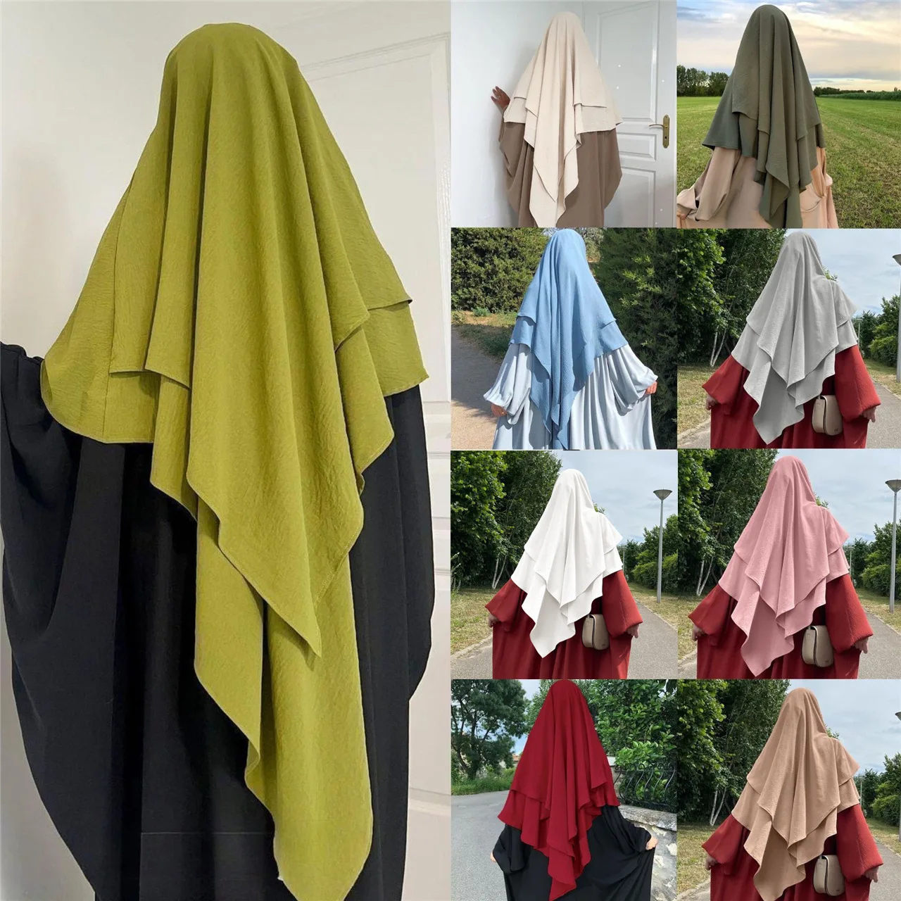 Khimar Abaya Set Wrinkled Fabric Smocked Cuff Dress + 2 Layer Hijab Scarf Prayer Clothes Islam Jilbabs for Women Ramadan Muslim