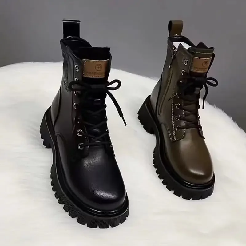 Women's Ankle Boots High Quality Casual Soft Leather Boot Plush Warm Winter Boots Fashion Motorcycle Boots Lace Up Platform Boot