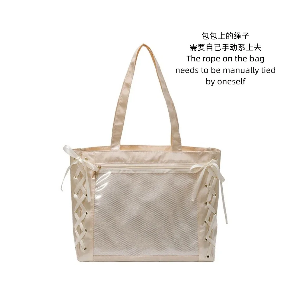 

Large Capacity Sweet Ita Tote Bag Clear Front Pocket Bow Ribbon Japanese JK Ribbon Bag INS Multi-Purpose