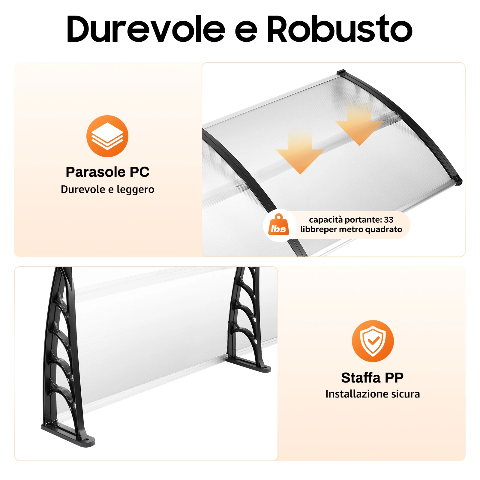 2026 Neu 90x200cm Wandmontierte Bogenförmige Überdachung aus Klarem Polycarbonat PC Moderne Design-Markise Wetterfester Sonnenschutz Regenschutz für Außenterrassen B1 Flammhemmend – Detail 6
