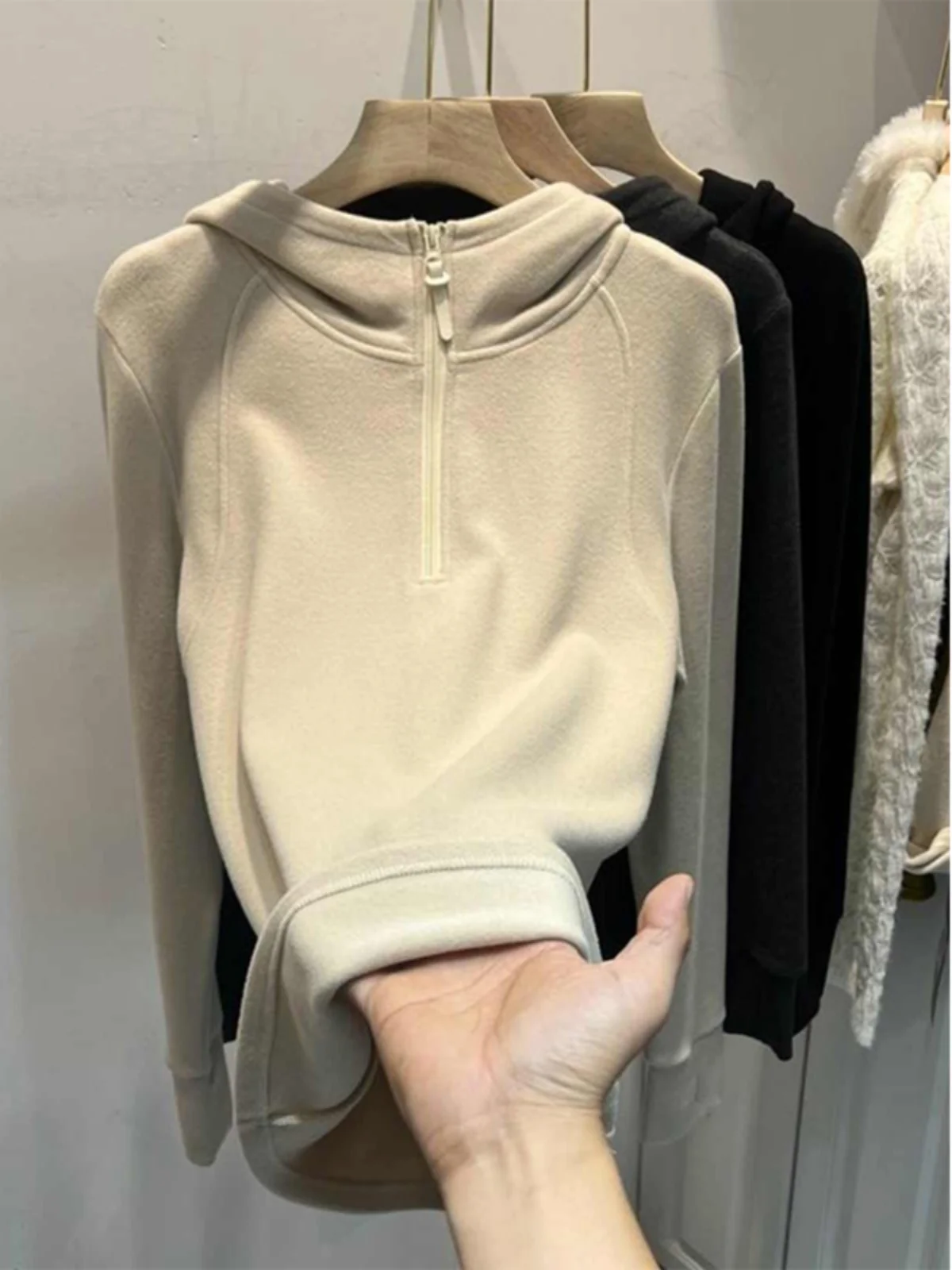 Taoxi Home Autunno Inverno Cerniera Double-sided Floing Velluto Lungo Sve Felpa con cappuccio Base da donna irt Top Taglio dritto Coreano Sle