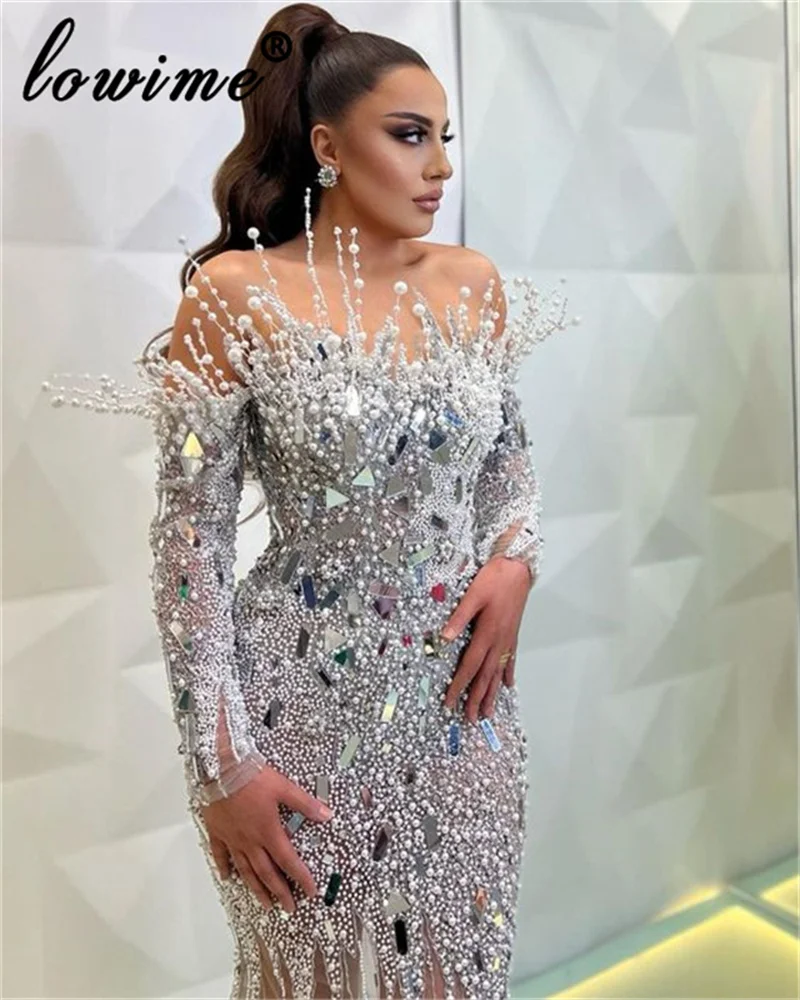 Newest Fashion Silver Prom Dresses For Women 2024 Strapless Off Shoulder Beaded Evening Party Gowns Vestidos De Cóctel Pageant