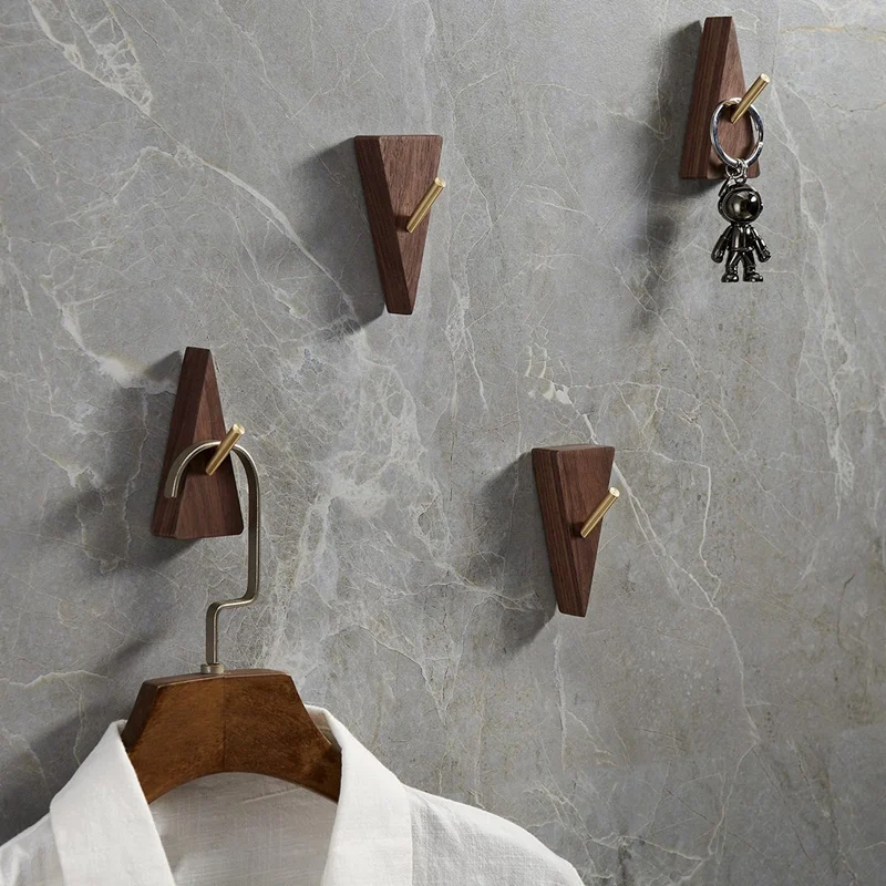 

4PCS Key Holder Wall Hooks For Hanging Solid Wood Coat Hook Creative Triangle Shape Bag Clothes Hanger Room Decoration