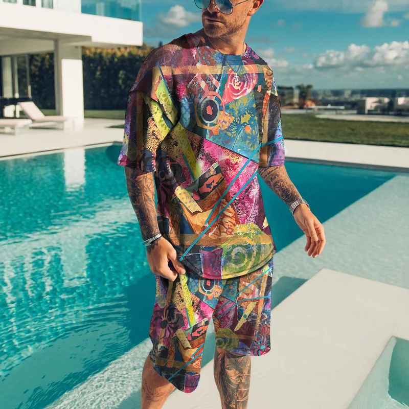 Summer Colorful Eye Graffiti Tracksuit 3D Printed Men Beach Short Sleeve T Shirt Set 2 Piece Outfits Sportwear Clothes for Men