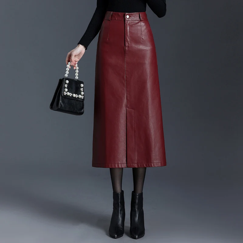 

Women PU Leather Bodycon Skirts New Autumn Winter Front Slit High Waist Long Straight Fashion Skirt Pocket Warm Pu Skirt