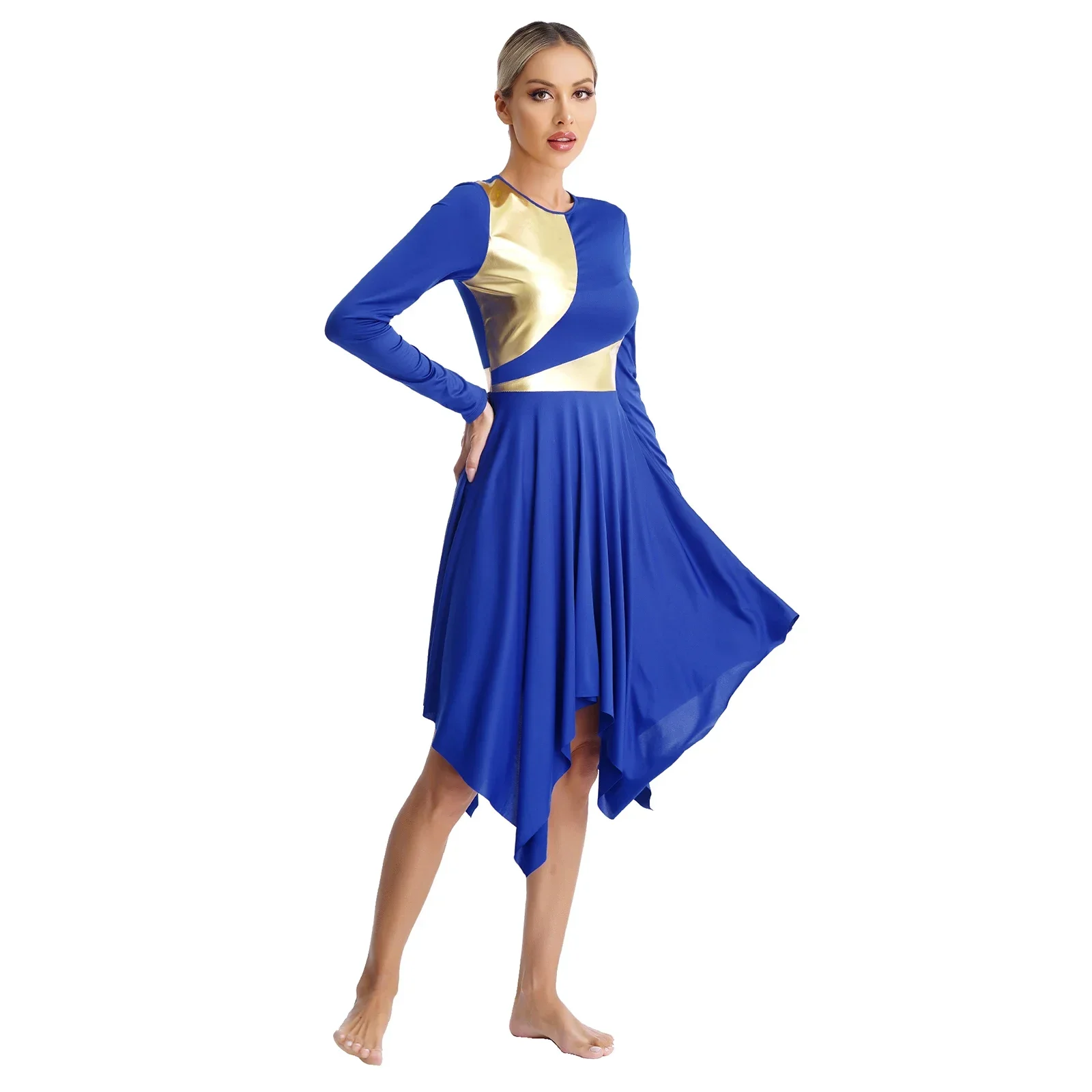 Womens Modern Lyrical Dance Dress Church Choir Worship Liturgical Performance Costume Long Sleeve Irregular Hem Gown Dancewear