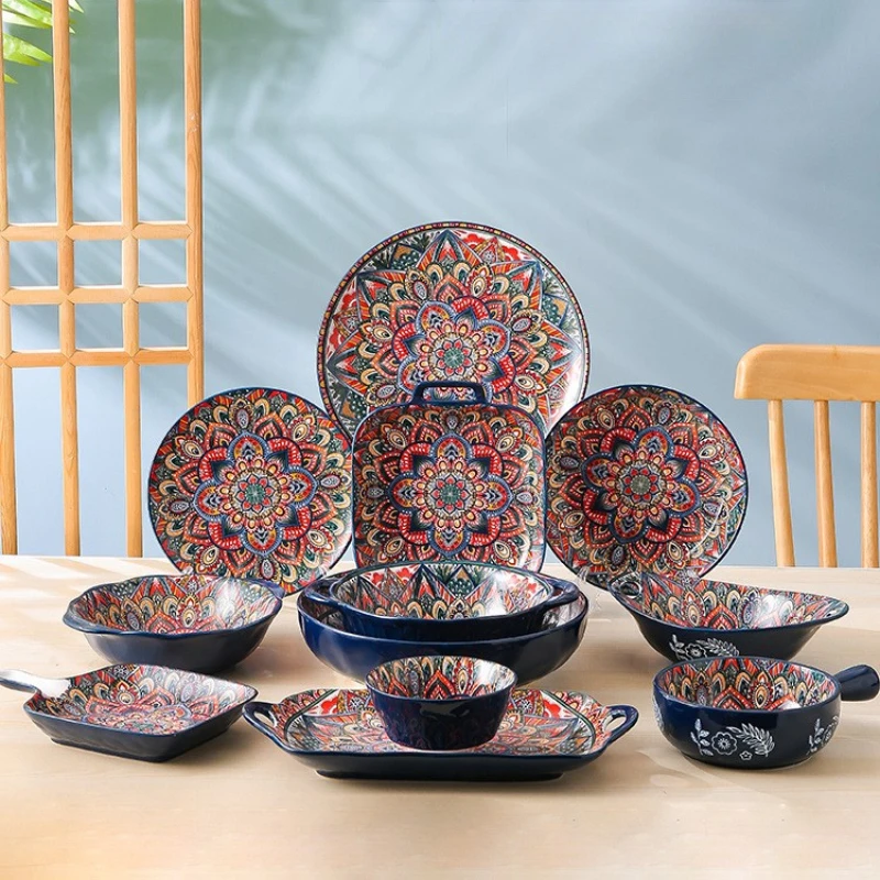 New Bohemian Style Ceramic Household Dishes with Handles Bowls Dishes and Household Dishes Set