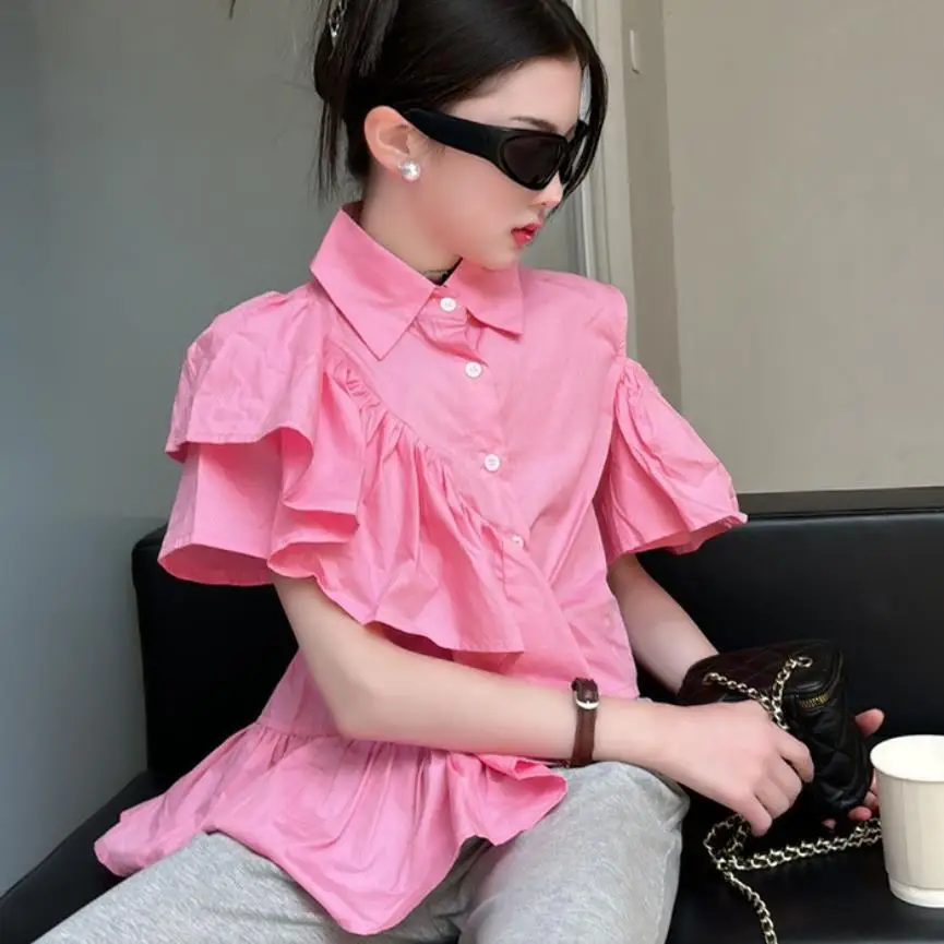 

Girl Fashion Irregular Shirts Summer New Short Sleeve Ruffles Blouse Cotton Tops Teenage Clothes Kids Shirts 6-16 Years Wz1330