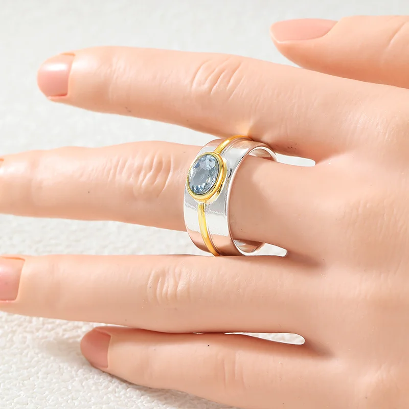 Simple Exquisite Two Color Wide Ring For Women Inlay Blue Synthetic Zircon Fashion Ring Daily Commuting Party Casual Jewelry