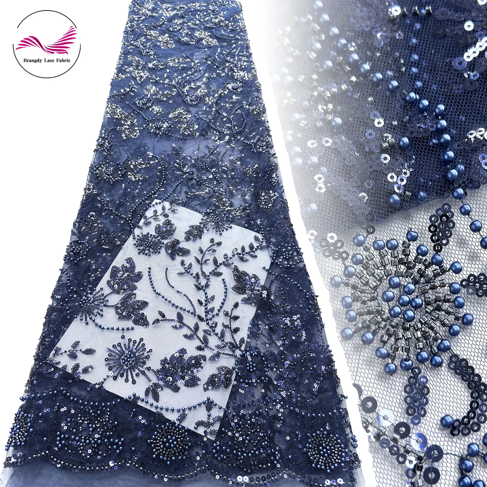 

Navy Blue Luxury African Sequin Beaded Lace Fabric 2025 High Quality French Groom Nigerian Wedding Bride Embroidered Tulle Lace