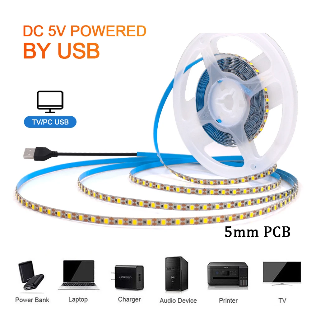 5V USB LED Strip Light 3mm 5mm 8mm PCB 2835 120 LEDs Flexible Tape Lamp Warm Natural Cold White 0.5m 1m 2m 5m Home Decoration