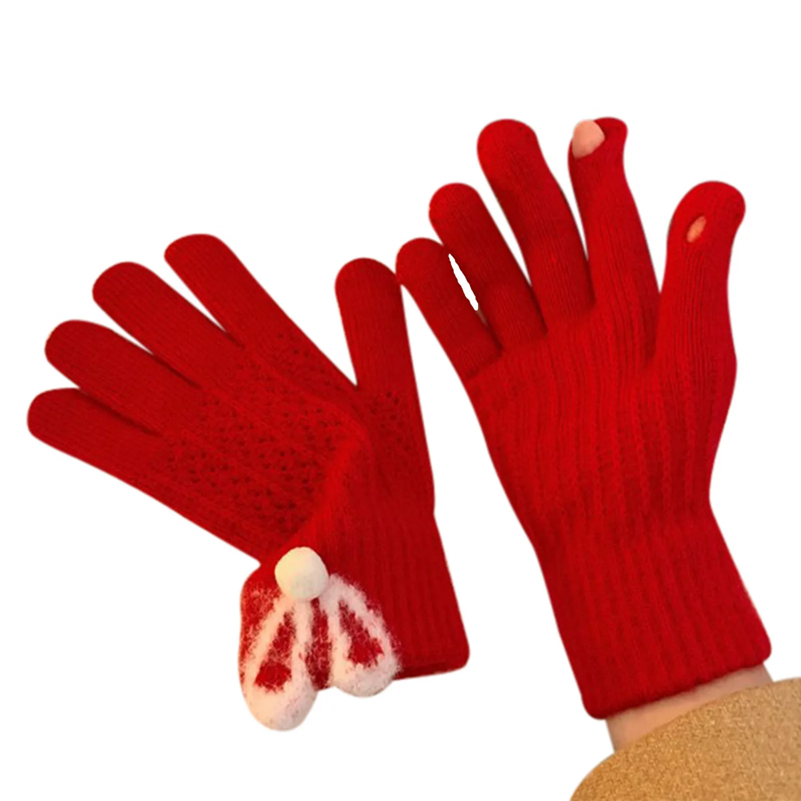 

Women's Casual And Cute Style Warm And Comfortable Solid Color With Small Sweatball Touchable Wool Plush Mitten Gloves For Women