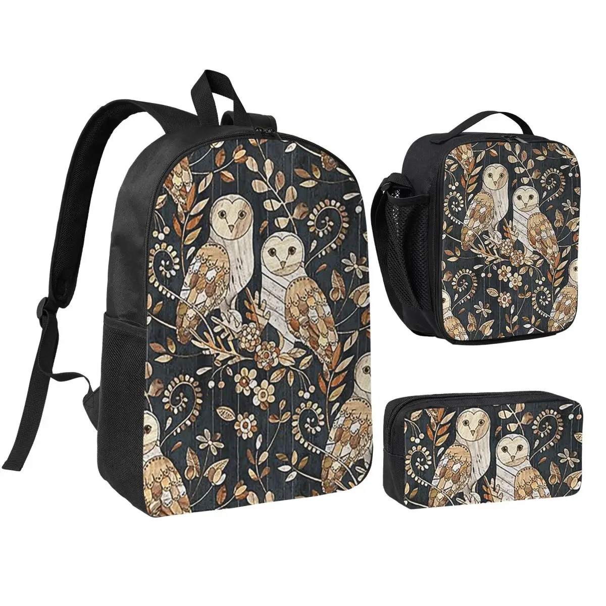 

Wooden Wonderland Barn Owl Collag Backpack Student BookBag School Bag Shoulder Bags 3ps Insulated Lunch Bag Pencil Case