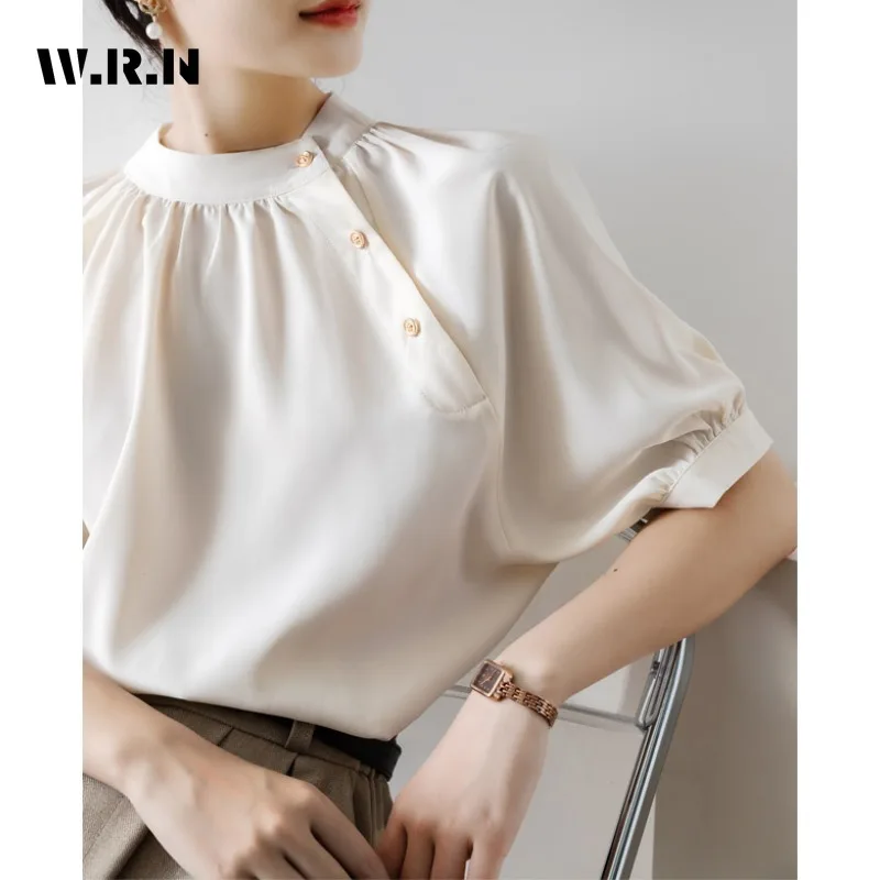 Casual Elegant Short Sleeve Round Neck Solid Color Luxury Shirts 2024 Summer Women Vintage Classic Office Lady Basics Blouse