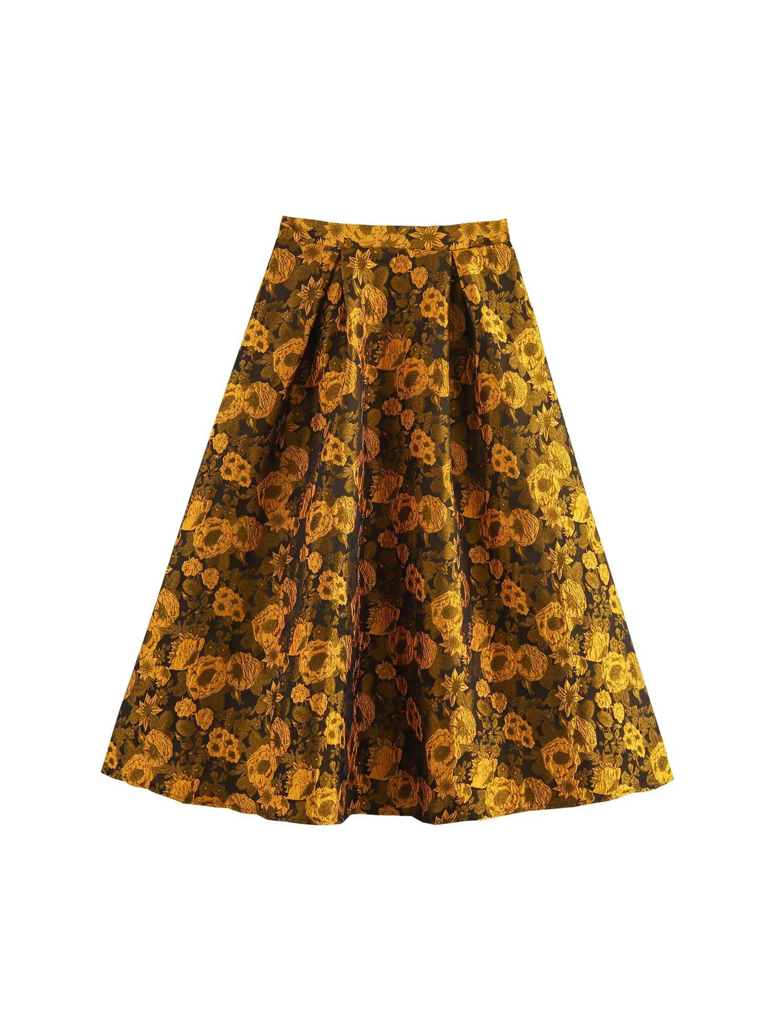 Women's Yellow A-line Jacquard Skirt Vintage Long Skirt Harajuku Korean Style Y2k Mid-length Skirts 2000s Clothes Spring Summer