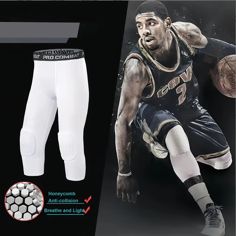 Basketball Compression Pants with Knee Pads Men Boys 3/4 Length Sports Tights Quick Dry Honeycomb Padded Workout Leggings