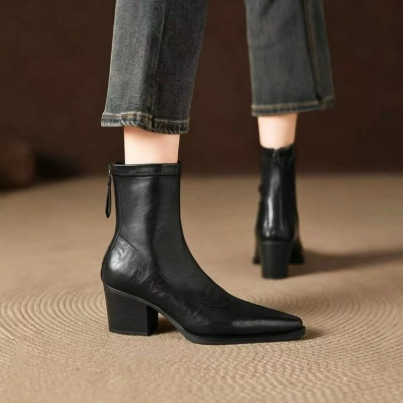 High-ankle Square-toe Pointed-toe Back Zipper Fashionable Multi-purpose Comfortable Anti-slip Breathable Women's Short Boots