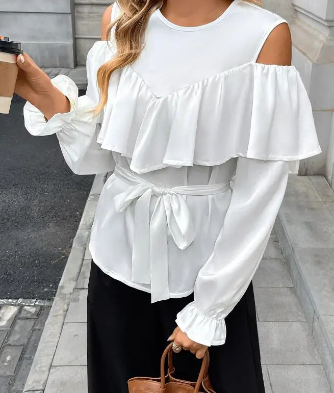 

2026 Spring and Autumn New Fashion Casual Elegant Sexy Light Mature Style Long Sleeve Off Shoulder Ruffle Satin Shirt