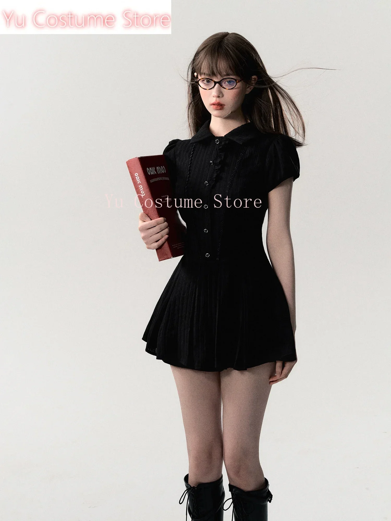

High Quality Dress Elegant Sexy Lace Decoration Retro Dress Vestido Y2k A-line Short Sleeved Shirt Skirt Commuting College 2025
