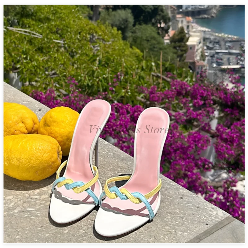 Sexy Sweet Colorful Leather Pointy Toe Slippers Women's 2025 Summer New in Baby Blue/Pink High Heels Party Morden Big Size Shoes view 4
