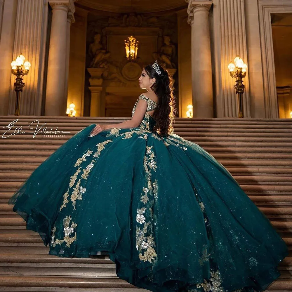 Vestido De quinceañera verde mexicano, traje con hombros descubiertos, apliques dorados, para sesión De fotos, 15 años, 2024