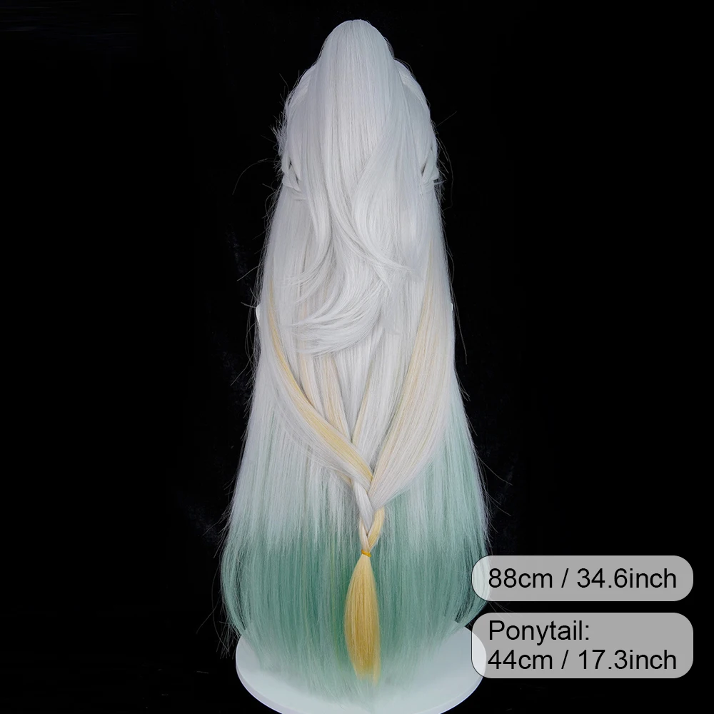 White Ombre Green Yellow Highlight Anime Game Cosplay Synthetic Wigs with Ponytail Long Straight Fluffy Wig for Daily Party