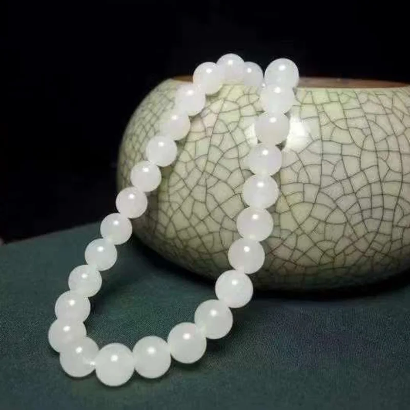 Crafts Natural Hetian Sheep Fat White Necklace Vintage Beads round Jade Elegant Mother Chain