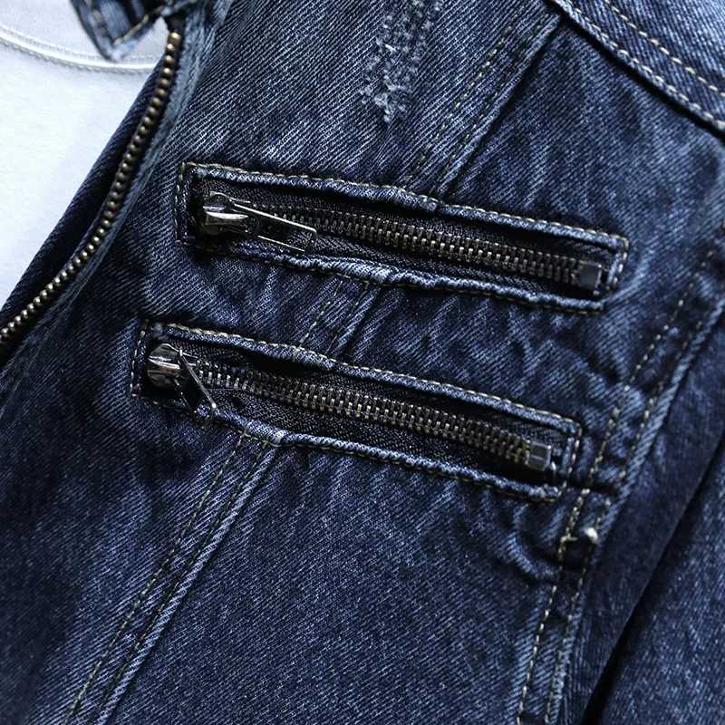 Motorcycle Denim Coat Men's Autumn Trendy Slim Stand Collar Zipper Pocket Design Casual Retro Washed Handsome Casual Clothes