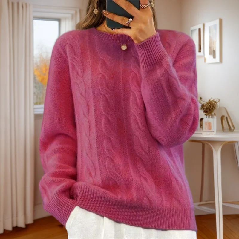 2025 Autumn and Winter New Casual Crew Neck Solid Color Knitted Sweater Top Retro Twist Pullover Sweater Women
