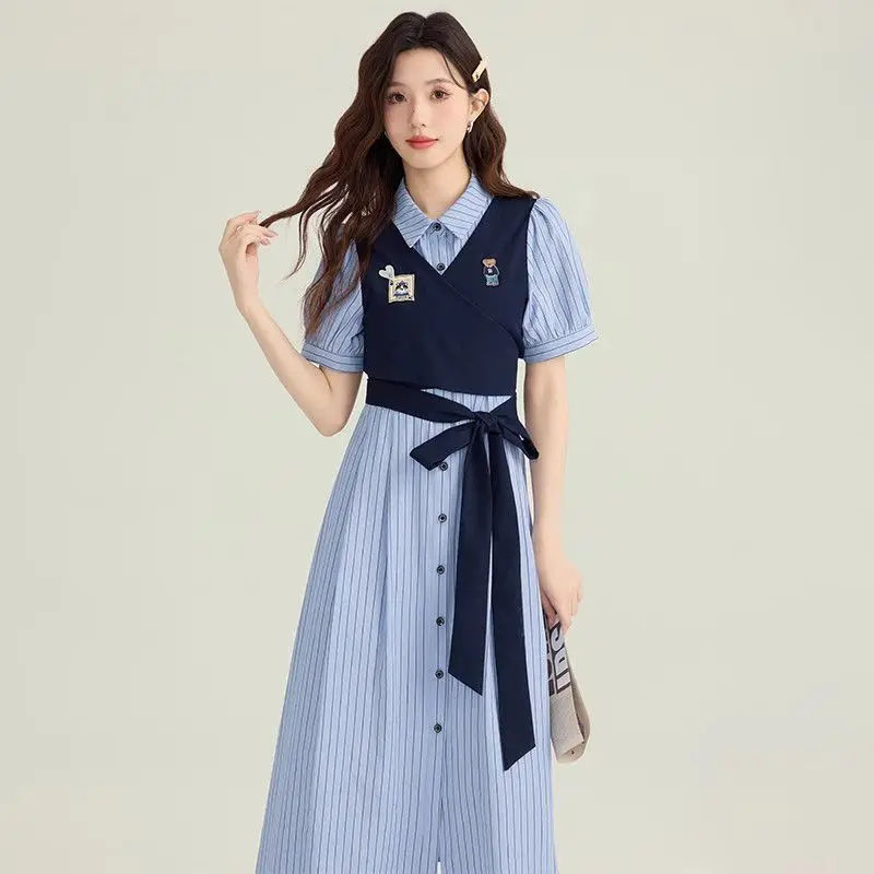 MAGOGO الصيف الفرنسية كلية نمط مخطط قميص فستان المرأة السببية Kawaii التطريز وهمية قطعتين المرقعة فستان طويل نحيف