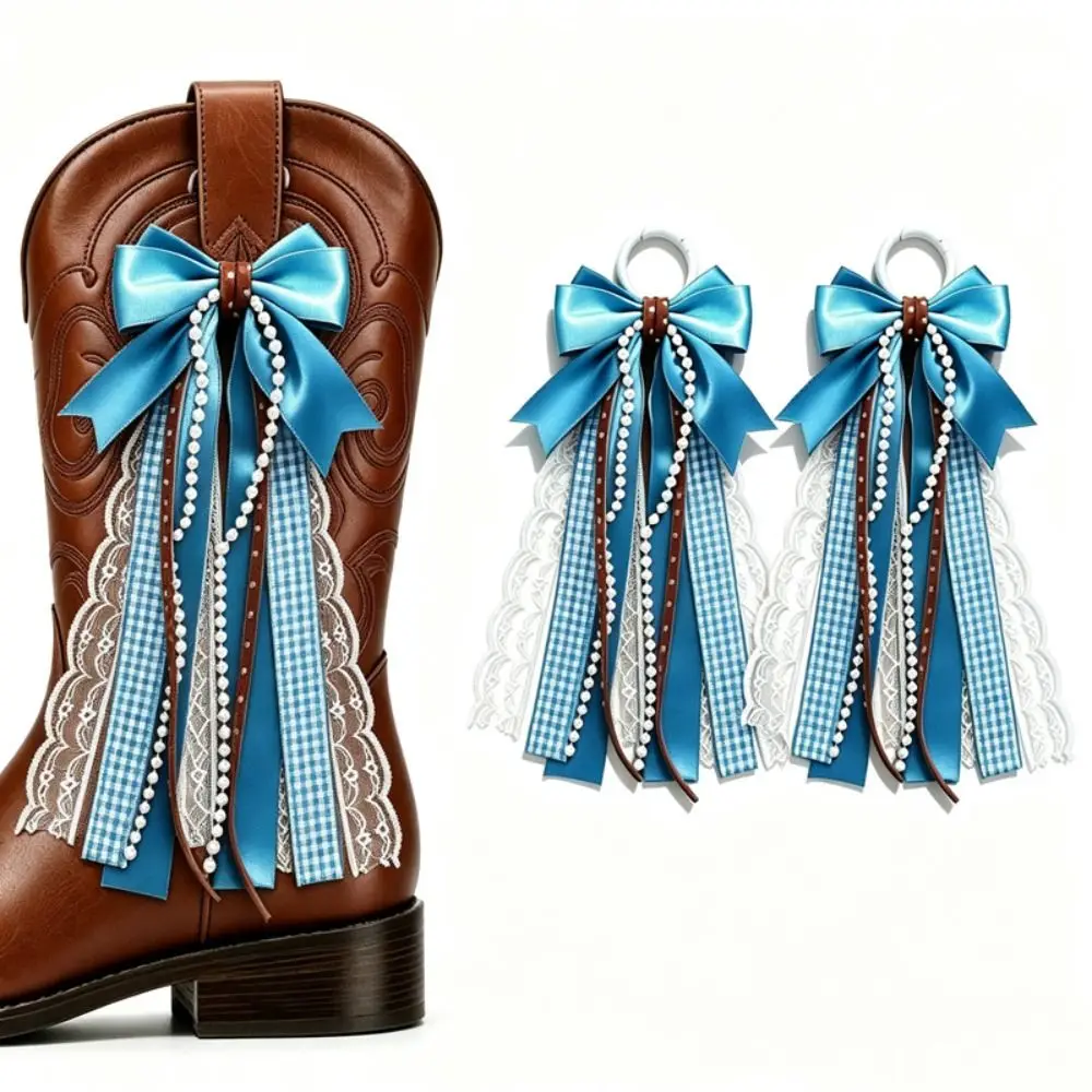 Decor Pendant Velvet Cowboy Boot Ornament Bow Ribbon Lace Streamer Boot Decor Charm Blue Plaid Boot Accessory Fall