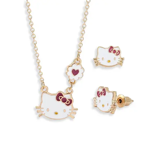Sanrios Hello Kitty Necklace and Earrings Set Simple KT Cat Charms Ear Studs Earrings for Women Fashion Y2k Jewelry Accessories