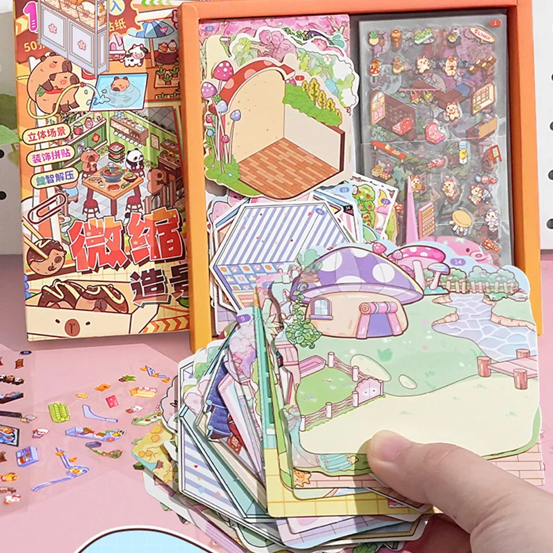 Mr. Paper,Miniature Scene Stickers Box Set 50 Sheets Cartoon Animal Playground PET Stickers for Home Handbooks Decorative Gifts