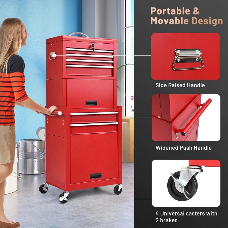 Rolling Tool Chest - Removable Top Box Large Bottom Cabinet with Casters and Lock System Tool-Box - Heighten 6-Drawer Red