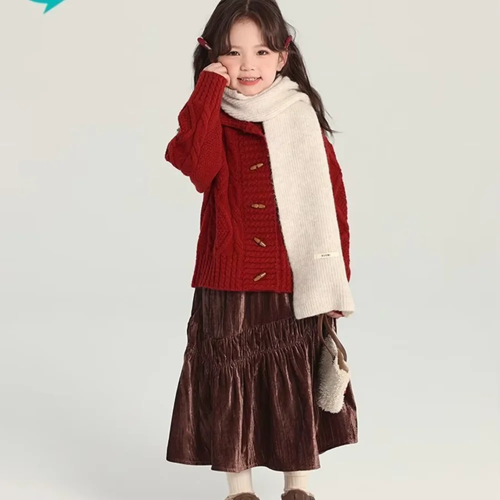 Girls' Sweater Jacket Autumn/Winter 2026 New Collection Children's Retro New Year Red Knitted Sweater Cardigan