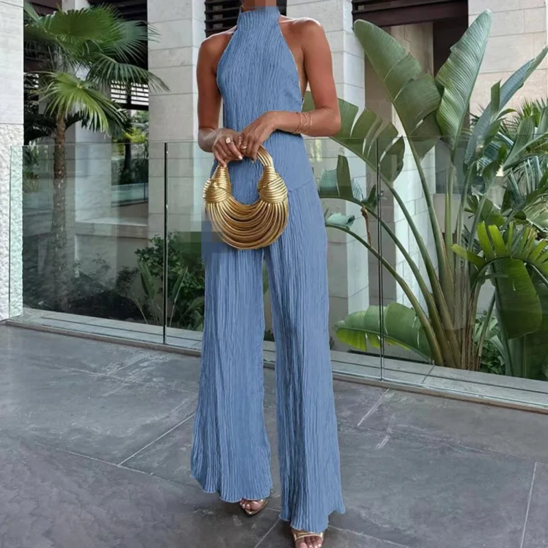 High street halter sem costas blusa & calças de perna larga conjunto verão elegante duas peças festa clube terno 2025 chique dobras roupa feminina