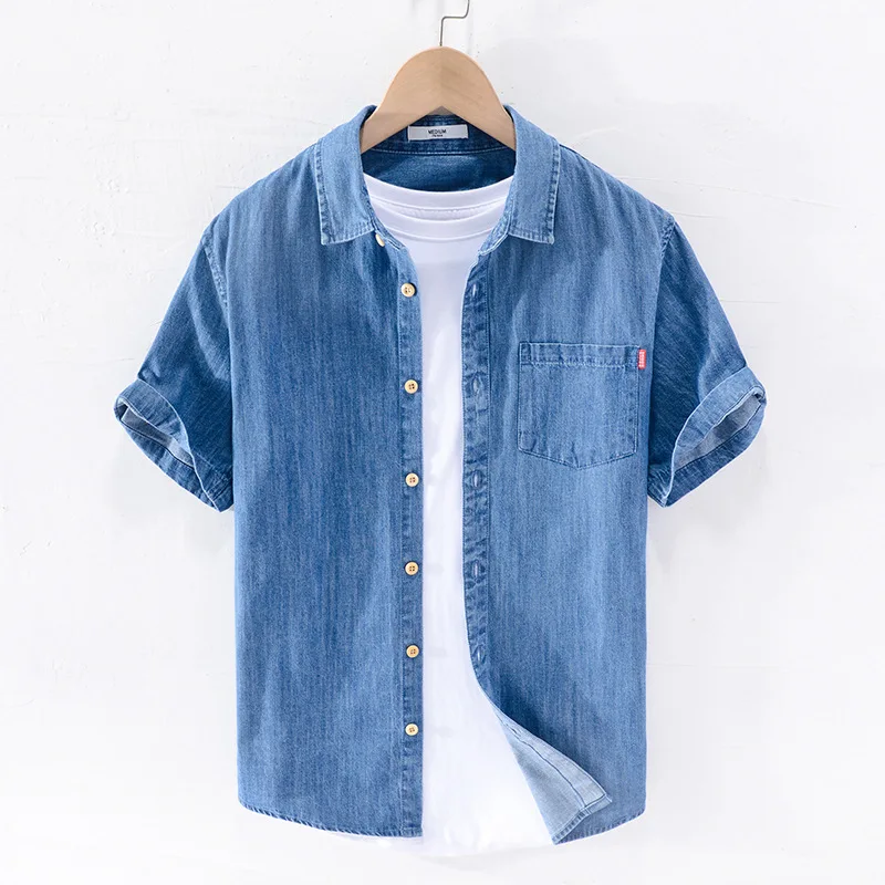 

Korean Fashion Short Sleeve Denim Shirt Men Summer Street Causal Jean Shirts Daily Pure Cotton Mens Top Handsome Ropa De Hombre