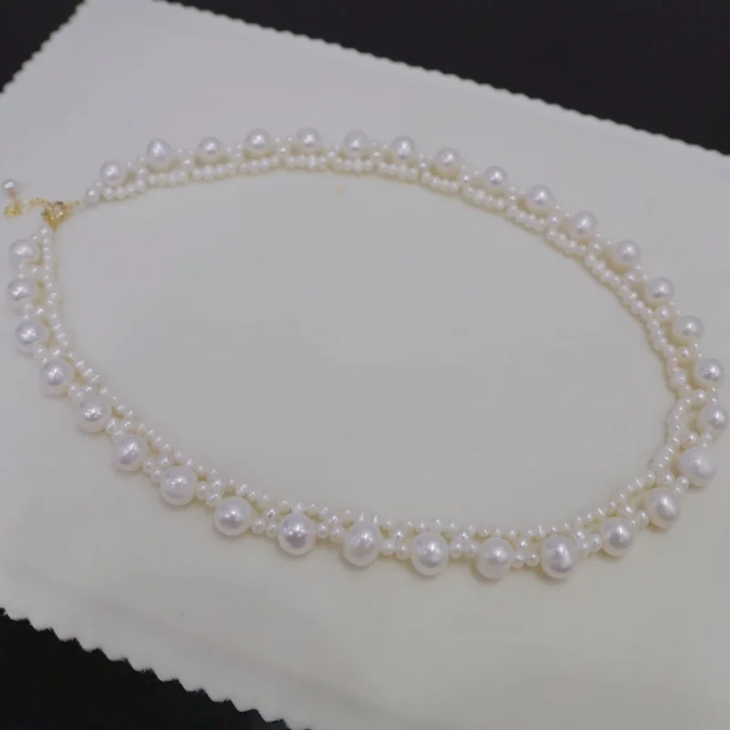 

SGARIT Fine Jewelry Double Layer Stacked Pearl Necklace Irregular Natural Fresh Water White Pearl Handmade Beaded Necklaces