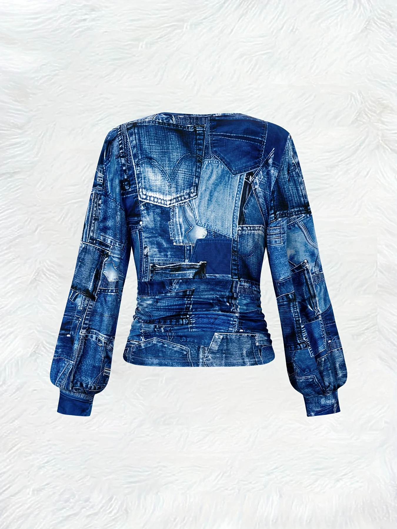 Casual Style Women's Top Flat Print Design Denim Patchwork Print Design Ruffled Edge V-Neck Long Sleeve Top