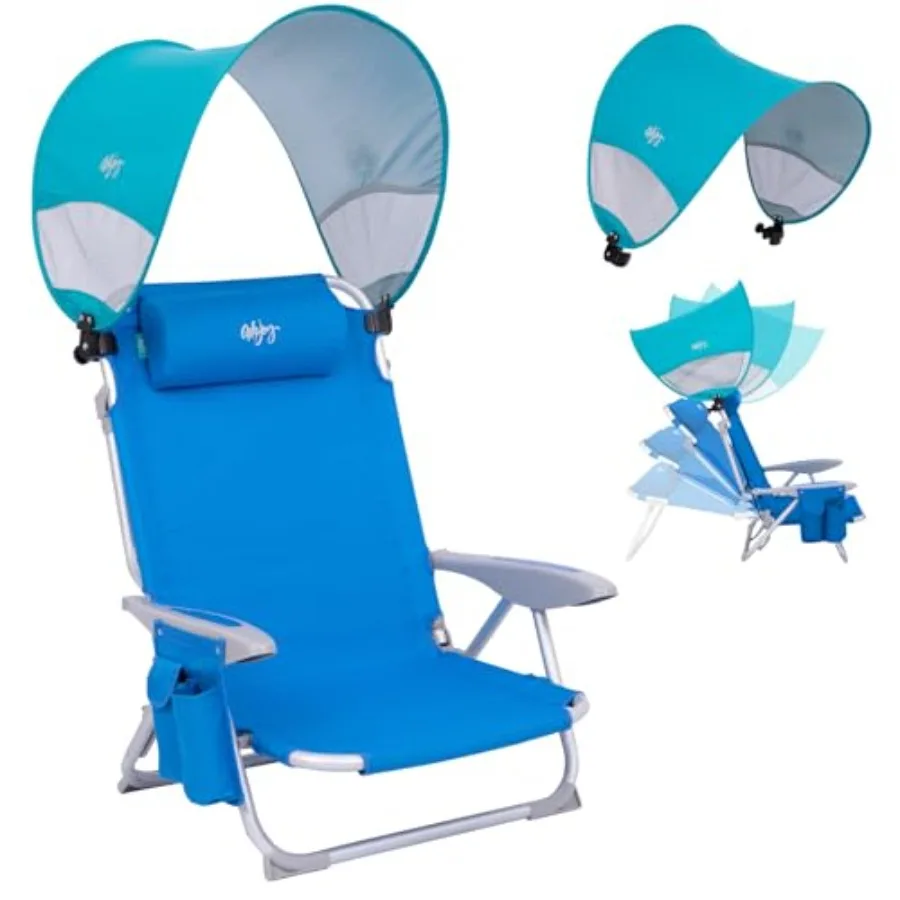 

Beach chair with canopy shade for outdoor use, aluminum frame, black color, reclining 4-position adjustment and lay-flat functi